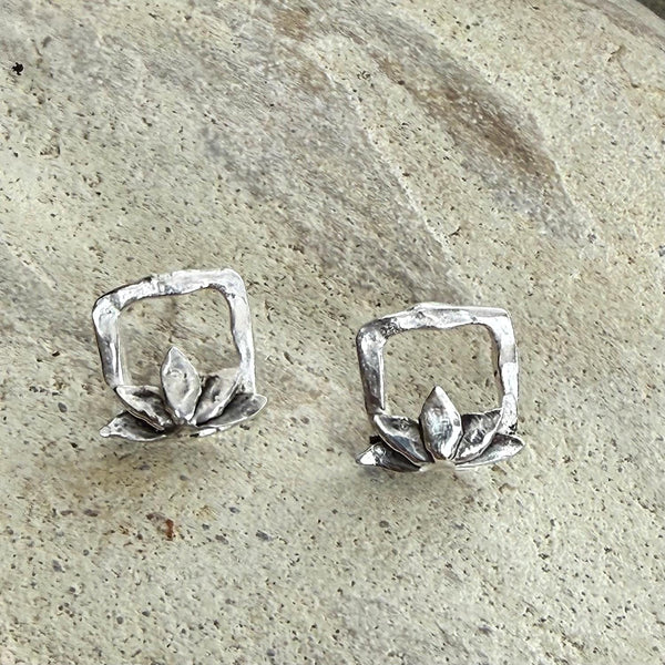 Handmade Sterling Silver Square Lotus Post Earrings