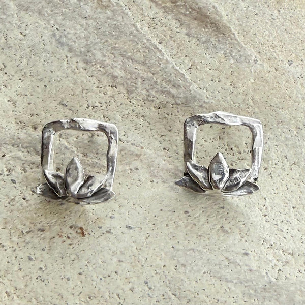 Handmade Bronze Square Lotus Post Earrings