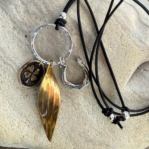Handmade Bronze and Sterling Silver Good Luck Talismans Adjustable Long Leather Necklace