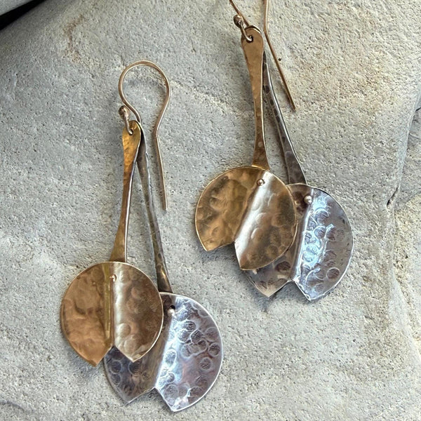 Handmade Hammered Mixed Metal Lily Pad Drop Earrings