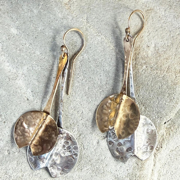 Handmade Hammered Mixed Metal Lily Pad Drop Earrings