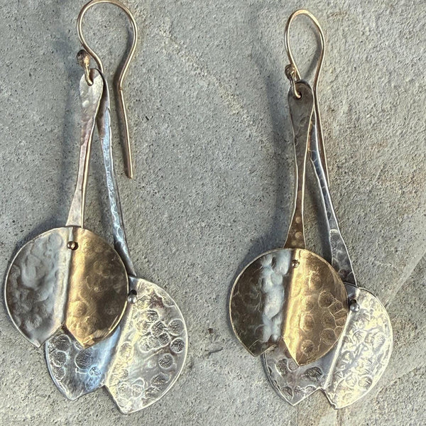 Handmade Hammered Mixed Metal Lily Pad Drop Earrings