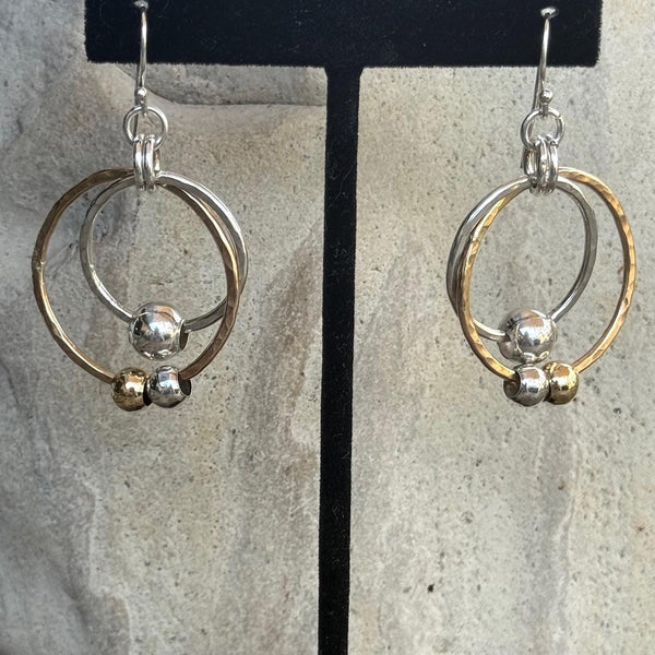 Handmade Sterling Silver and 14K Gold Filled Connected Circle Earrings with 3 Moving Beads