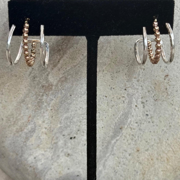 Hammered Gold Filled Triple Hoop Earrings with Sterling Silver Beaded Center Hoop