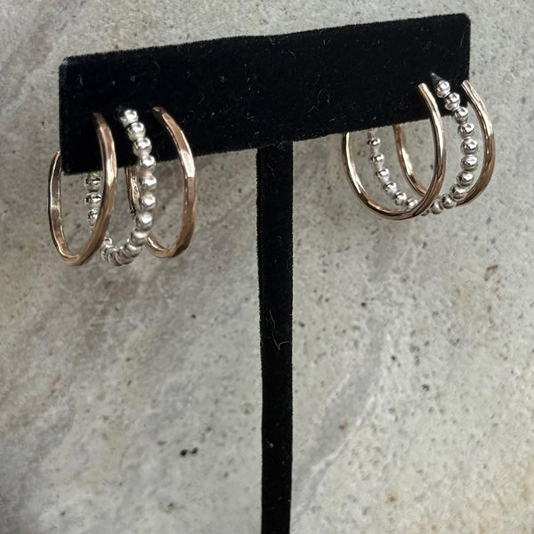 Hammered Gold Filled Triple Hoop Earrings with Sterling Silver Beaded Center Hoop