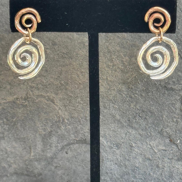 Mixed Metal Sterling Silver and Bronze Double Spiral Earrings