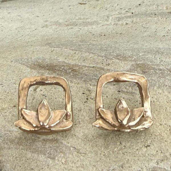 Handmade Bronze Square Lotus Post Earrings