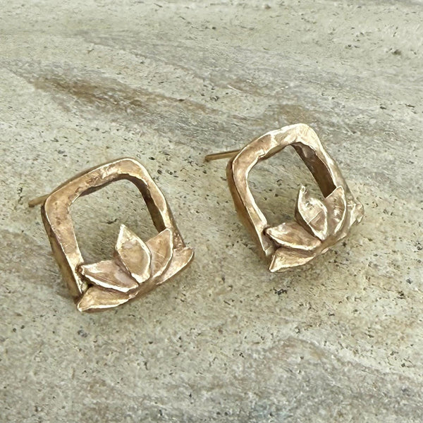 Handmade Bronze Square Lotus Post Earrings