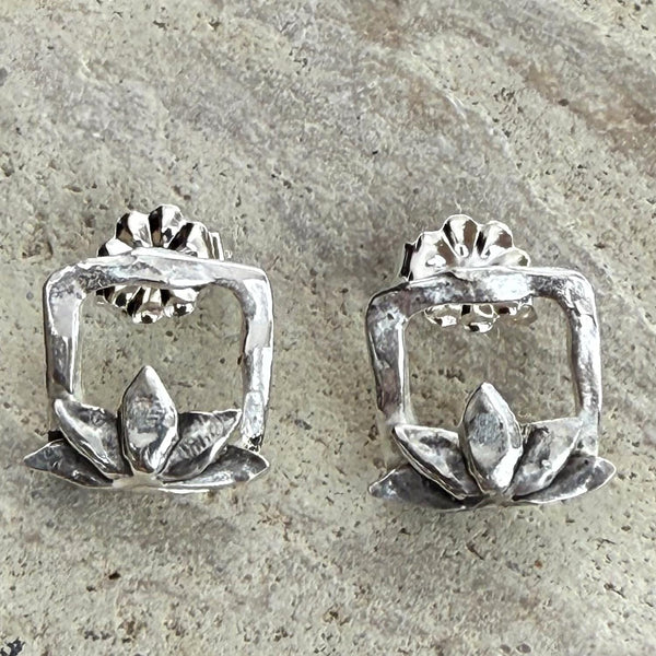 Handmade Bronze Square Lotus Post Earrings