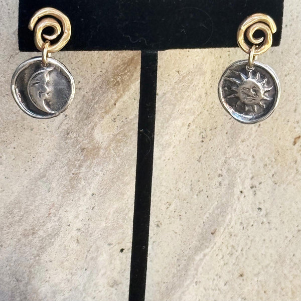Mixed Metal Bronze Spiral Post Earrings with Sterling Silver Sun and Moon Charm Drops