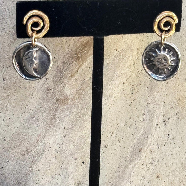 Mixed Metal Bronze Spiral Post Earrings with Sterling Silver Sun and Moon Charm Drops