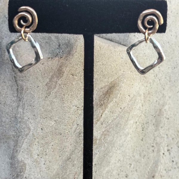 Mixed Metal Bronze Spiral Post Earrings with Sterling Silver Organic Square Drops