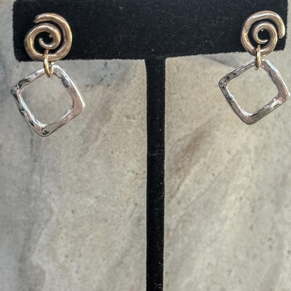Mixed Metal Bronze Spiral Post Earrings with Sterling Silver Organic Square Drops
