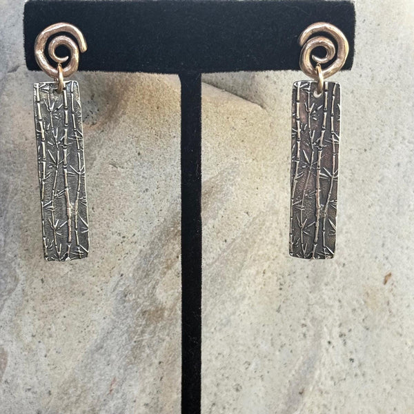 Mixed Metal Bronze Spiral Post Earrings with Sterling Silver Long Bamboo Drop