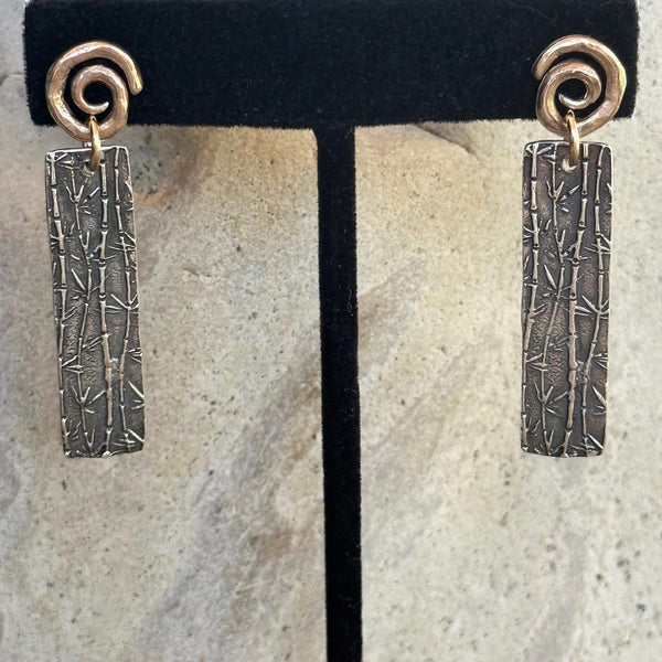 Mixed Metal Bronze Spiral Post Earrings with Sterling Silver Long Bamboo Drop