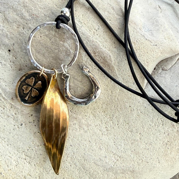 Handmade Bronze and Sterling Silver Good Luck Talismans Adjustable Long Leather Necklace