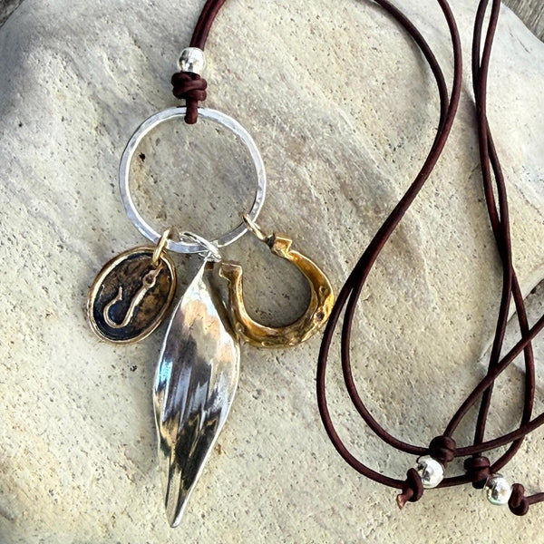 Handmade Sterling Silver and Bronze Good Luck Talismans Adjustable Long Leather Necklace