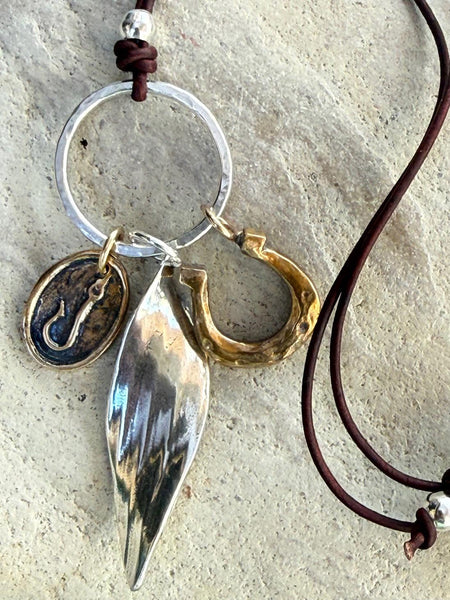 Handmade Sterling Silver and Bronze Good Luck Talismans Adjustable Long Leather Necklace