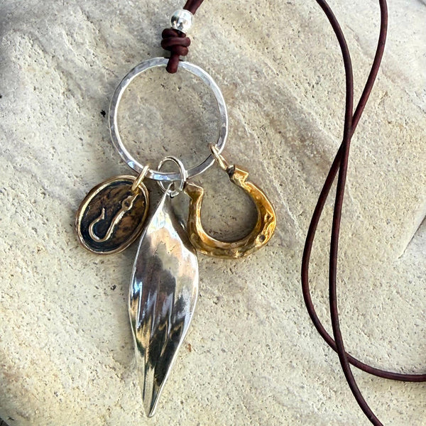 Handmade Sterling Silver and Bronze Good Luck Talismans Adjustable Long Leather Necklace