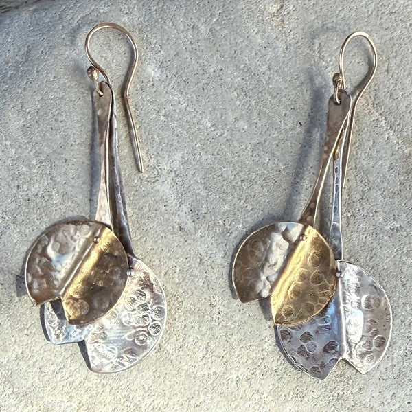 Handmade Hammered Mixed Metal Lily Pad Drop Earrings