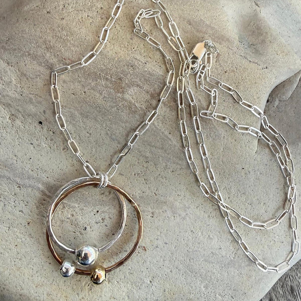 Mixed Metal Connected Circle Necklace with 3 Beads on Sterling Silver Paper Clip Chain