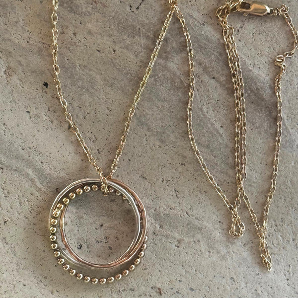 Mixed Metal Trinity Ring with Gold Filled Bead Wire on a Gold Filled Chain