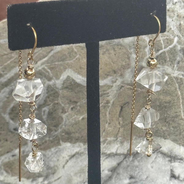 Sterling Silver Triple Herkimer Diamond Chain Drop Earrings