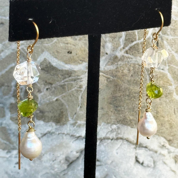 Sterling Silver Herkimer Diamond, Peridot and Pearl Chain Drop Earrings