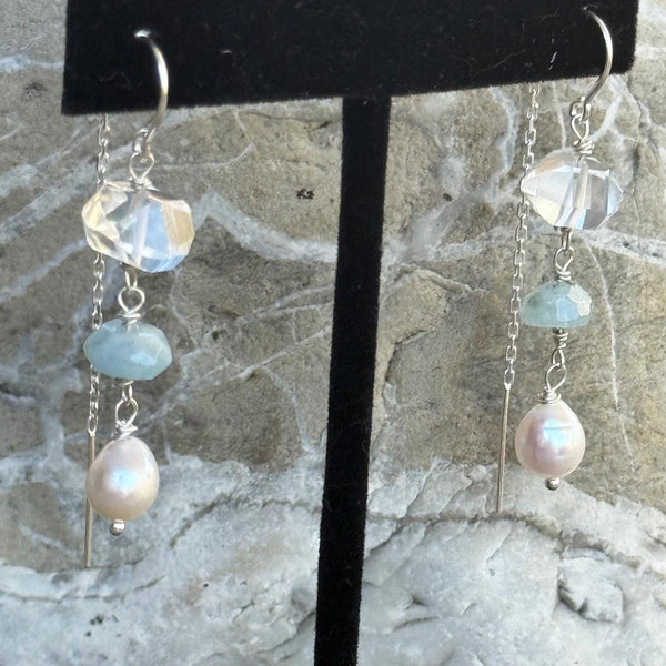 Gold Filled Herkimer Diamond, Aquamarine and Pearl Chain Drop Earrings