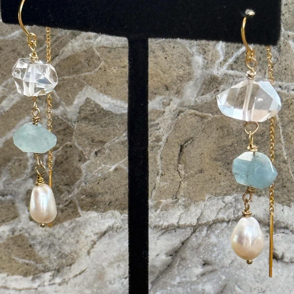 Gold Filled Herkimer Diamond, Aquamarine and Pearl Chain Drop Earrings