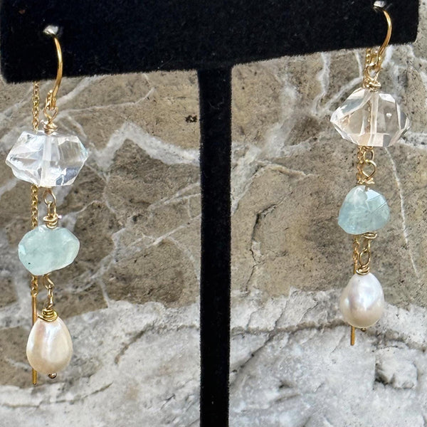 Sterling Silver Herkimer Diamond, Aquamarine and Pearl Chain Drop Earrings
