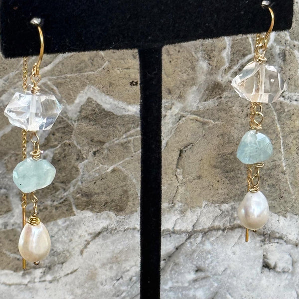 Gold Filled Herkimer Diamond, Aquamarine and Pearl Chain Drop Earrings