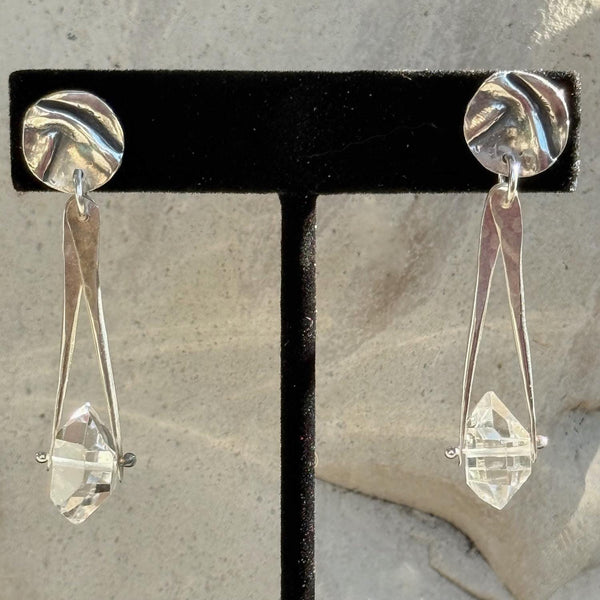 Sterling Silver Herkimer Diamond Earrings Hanging from a Folded Round Post.