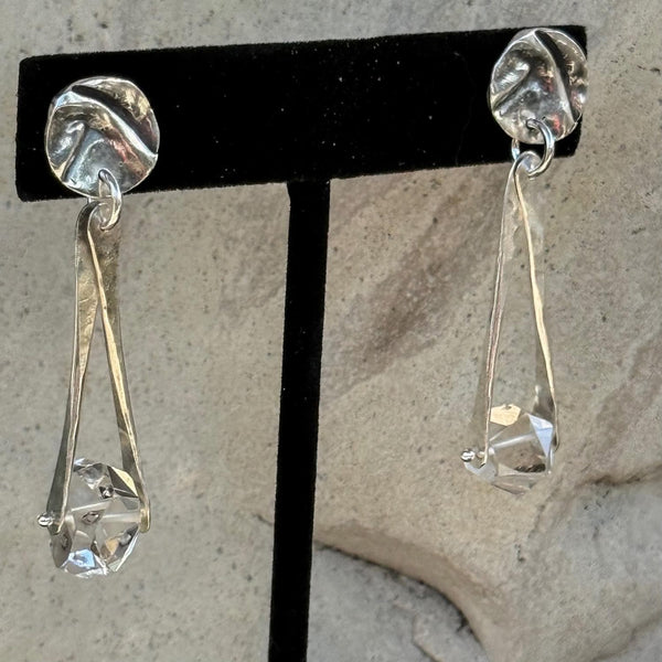 14K Gold Filled Herkimer Diamond Earrings Hanging from a Folded Round Post.
