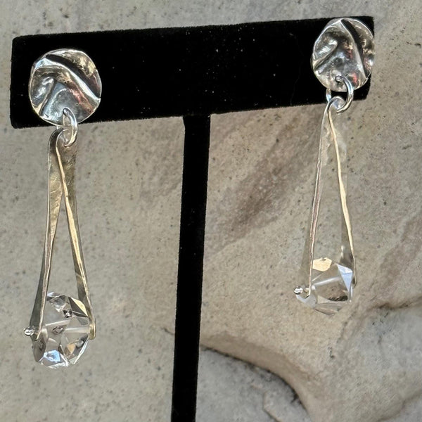 Sterling Silver Herkimer Diamond Earrings Hanging from a Folded Round Post.