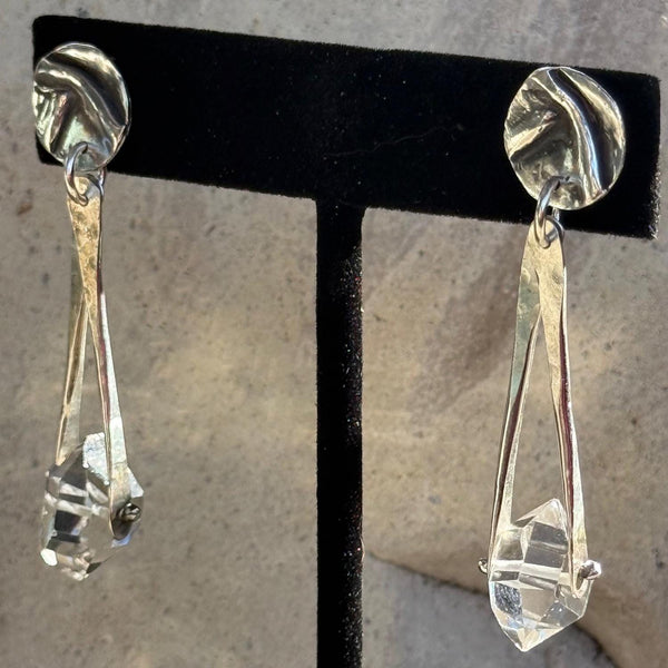 Sterling Silver Herkimer Diamond Earrings Hanging from a Folded Round Post.