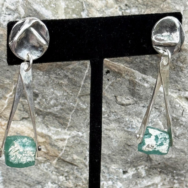 Sterling Silver Roman Glass Earrings Hanging from a Folded Round Post.
