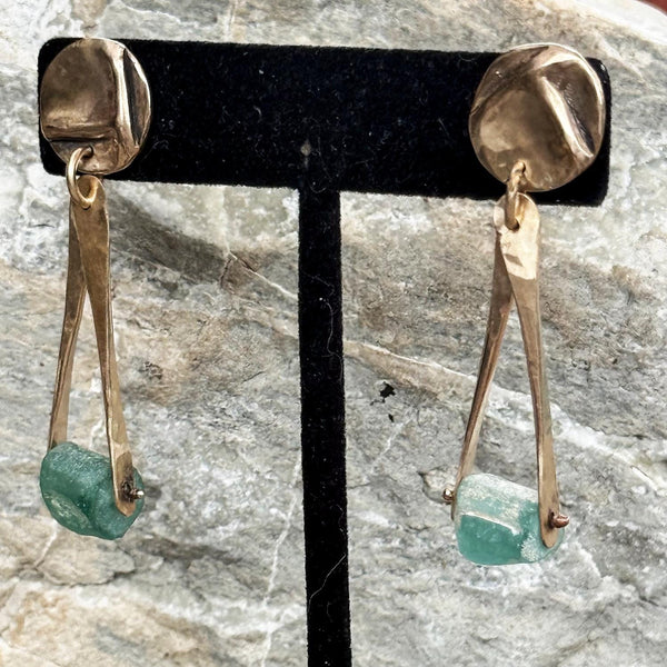 Sterling Silver Roman Glass Earrings Hanging from a Folded Round Post.