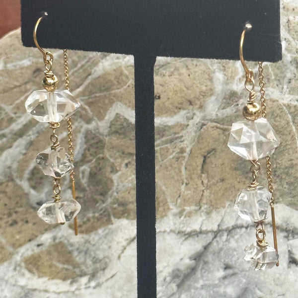 Sterling Silver Triple Herkimer Diamond Chain Drop Earrings