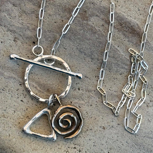 Sterling Silver Front Toggle Necklace with Sterling Silver Triangle and Bronze Spiral on Sterling Silver Paper Clip Chain