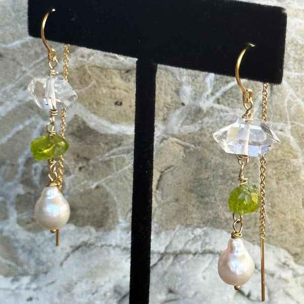 Sterling Silver Herkimer Diamond, Peridot and Pearl Chain Drop Earrings