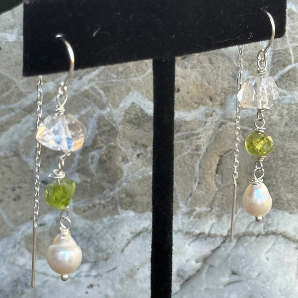 14K Gold Filled Herkimer Diamond, Peridot and Pearl Chain Drop Earrings