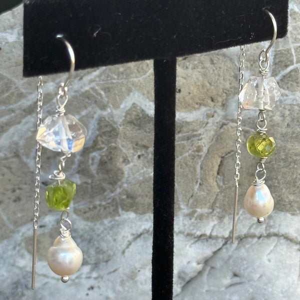 Sterling Silver Herkimer Diamond, Peridot and Pearl Chain Drop Earrings