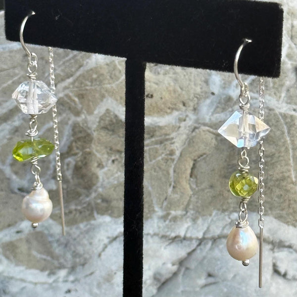 Sterling Silver Herkimer Diamond, Peridot and Pearl Chain Drop Earrings