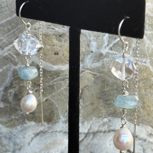 Sterling Silver Herkimer Diamond, Aquamarine and Pearl Chain Drop Earrings