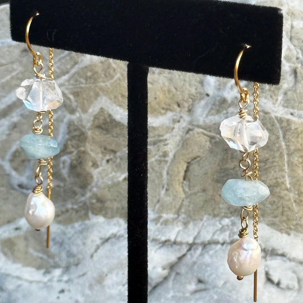 Gold Filled Herkimer Diamond, Aquamarine and Pearl Chain Drop Earrings