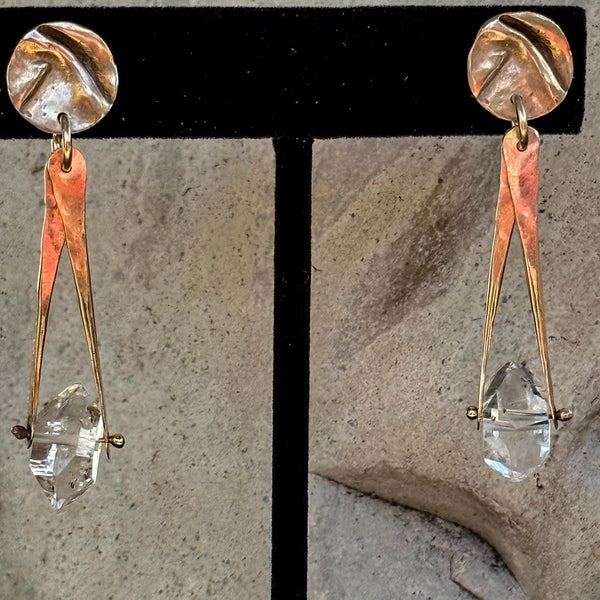 Sterling Silver Herkimer Diamond Earrings Hanging from a Folded Round Post.