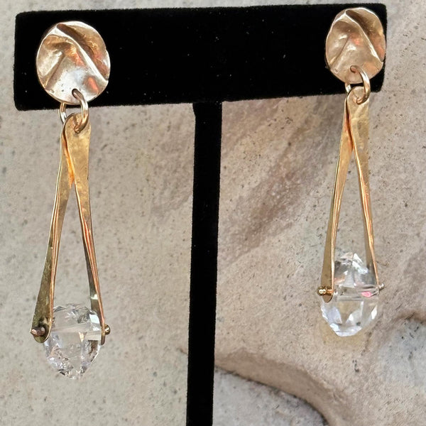 14K Gold Filled Herkimer Diamond Earrings Hanging from a Folded Round Post.