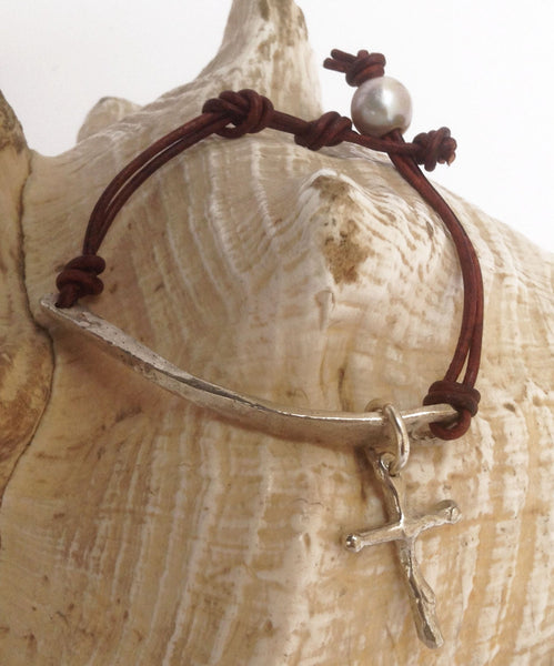 Hand Made Cast and Hammered Sterling Silver Organic Bar and Cross Leather Bracelet with Adjustable Pearl Closure