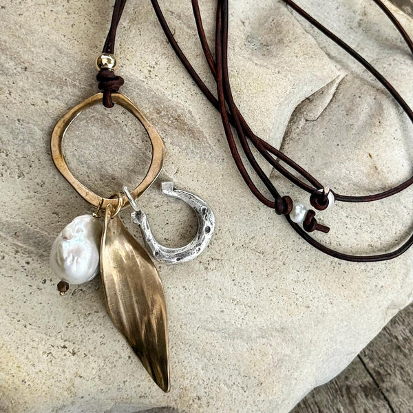 Handmade Bronze Twisted Leaf and Sterling Silver Horse Shoe Talismans Adjustable Long Leather Pearl Necklace